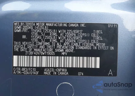 2011 Toyota Rav4 из США, поврежденный, VIN 2T3BF4DV7BW119005